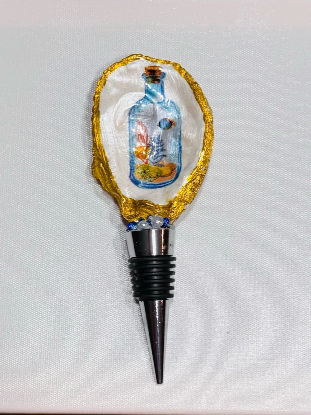 Gold-Trim Bottle Stopper with Blue Bottle Art —Handmade by Me